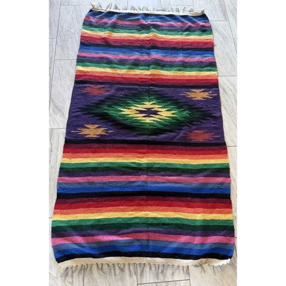 Authentic Handwoven Mexican Diamond Serape Blanket‎ Saltillo Rainbow Boho Throw